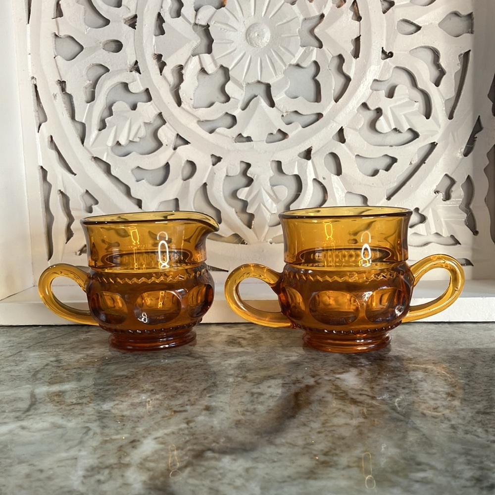 Vintage Amber Glass Sugar Bowl Creamer Set